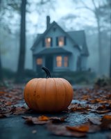 Orange pumpkin on wet ground with fallen autumn leaves, mysterious foggy house with glowing windows in background creates spooky Halloween atmosphere.