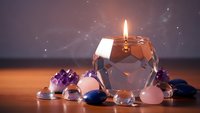 Crystal candle holder with burning flame surrounded by healing gemstones and minerals on wooden surface creating mystical atmosphere for meditation.