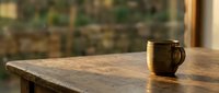 Rustic ceramic mug on weathered wooden table with warm sunlight streaming through window, creating cozy morning atmosphere for beverage and lifestyle content.