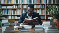 African American man in glasses reading book in library with wooden bookshelves and stacked literature. Academic environment for education and research.