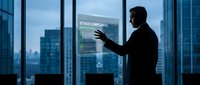 Professional businessman interacting with holographic ethics compliance interface in modern office overlooking city skyline at dusk.
