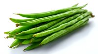 Fresh green string beans arranged in parallel rows on white background, raw organic produce for healthy cooking and food photography.