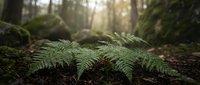 Young green fern fronds emerging from forest floor in natural woodland setting with soft sunlight filtering through trees creating peaceful atmosphere.