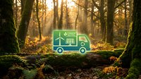 Green delivery truck icon with renewable energy symbols in sunlit forest setting representing eco-friendly logistics and sustainable transportation solutions.