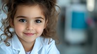 Smiling young girl with curly brown hair and bright blue eyes wearing white medical coat in hospital setting, representing future healthcare professional or medical student.