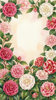 Watercolor camellia floral frame with pink, red and white blooms on soft pastel background, copy space for greeting cards and invitations.