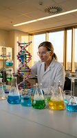 Female scientist in white lab coat examining DNA double helix model in modern laboratory with colorful chemical solutions for genetic research and biotechnology studies.