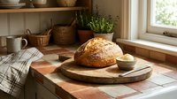 Freshly baked artisan bread loaf on wooden board with olive oil dip in rustic kitchen setting with natural light and woven baskets for bakery, food styling, and culinary content.