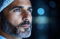 Middle Eastern man with gray beard and intense blue eyes gazing upward against dark background with bokeh lights, dramatic side lighting creates moody atmosphere.