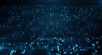 Abstract digital network with glowing blue dots and connecting lines creating futuristic technology pattern for data visualization and cyber communication.