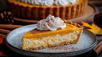 Slice of creamy pumpkin cheesecake topped with whipped cream on gray plate. Rustic autumn dessert with cinnamon sticks and powdered sugar dusting. Homemade holiday treat.