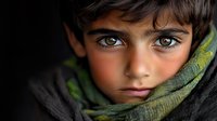 Close up portrait of young Middle Eastern boy with striking green eyes and dark hair wrapped in green scarf against black background, dramatic lighting highlights facial features.