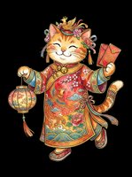 Lucky cat in traditional red and gold clothing holding lantern and red envelope, isolated on transparent background. Ready for t-shirts, stickers, clipart, print-on-demand, and sublimation designs.