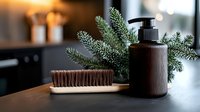 Natural wooden hair brush and dark pump bottle with evergreen spruce branches on bathroom counter creating organic spa atmosphere for eco-friendly grooming routine.