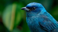 Vibrant blue tropical bird with glossy plumage against blurred green background, showcasing detailed feathers and sharp beak in close-up nature portrait.