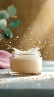 Luxurious face cream jar with splash effect and gold particles, surrounded by eucalyptus leaves in soft natural light for skincare advertising.