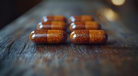 Glittering golden medical capsules arranged on dark wooden surface with shallow depth of field and ambient lighting, pharmaceutical concept.