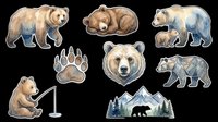 Watercolor bear sticker set with grizzly, cub, paw print, mountain scene, and geometric bear, isolated on transparent background for clipart, t-shirt design, and print on demand.