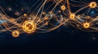 Golden virus particles connected by glowing neural networks on dark blue background for medical research and healthcare education presentations.