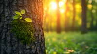 Young green plant growing on moss-covered tree trunk in magical forest at sunset, sunlight streaming through trees creating golden bokeh background.
