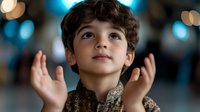 Young child with curly hair looking up with hopeful expression against blurred blue background, hands raised in prayer or wonder.