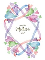 Watercolor hearts and ribbons frame with Happy Mother's Day text in pastel colors for greeting cards and celebration designs on white background.