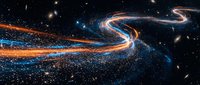 Cosmic energy streams flowing through deep space with glowing particle trails and starfield background for science fiction and astronomy concepts.
