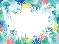 Watercolor underwater sea life frame with jellyfish, coral, seaweed and fish schools creating decorative border on white background for marine designs.