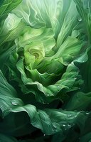 Fresh green cabbage leaves with morning dew drops in macro view creating natural spiral pattern against dark background. Suitable for healthy lifestyle designs.