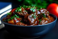 Tender braised beef chunks in rich brown gravy garnished with fresh herbs, served in dark ceramic bowl. Homestyle comfort food with savory sauce and vegetables.