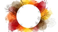 Autumn watercolor frame with warm orange, red and yellow splashes, delicate branch silhouettes and circular patterns for seasonal design projects.