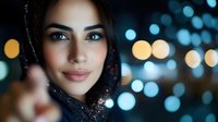 Young Middle Eastern woman with striking blue eyes wearing sparkly black hijab against blurred city lights bokeh background at night for fashion and lifestyle concepts.