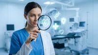Female healthcare professional examining digital medical icons through magnifying glass in modern hospital setting for telemedicine concept.