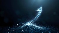 Glowing blue arrow made of sparkles and light particles rising upward against dark background, symbolizing growth, success and positive direction.