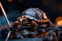 Metallic copper turtle sculpture with intricate mechanical details reflected on wet surface against dark background with golden bokeh lights and artistic brush element.