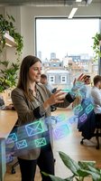 Young woman with long dark hair and olive complexion, wearing olive blazer and patterned blouse, interacting with holographic email icons in modern office with city skyline view and colleagues working nearby.