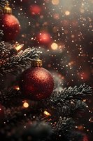 Red glittering ornaments on snowy pine branches with warm bokeh lights and falling snow create magical Christmas atmosphere. Festive winter holiday background.