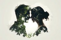 Double exposure silhouette of romantic couple with green forest trees merged into their profiles, showing intimate moment against light background.