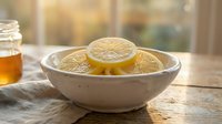 Fresh lemon slices in ceramic bowl on rustic wooden table with honey jar, natural sunlight creating warm atmosphere for healthy cooking and wellness.