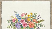 Colorful floral arrangement with roses, hydrangeas, and wildflowers on textured cream paper background for botanical designs and spring celebrations.