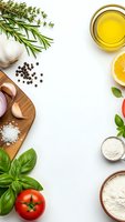 Fresh cooking ingredients arranged on white background with olive oil, herbs, garlic, tomato and spices for culinary preparation and recipe creation.