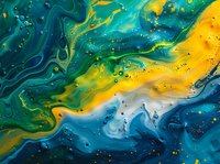Abstract fluid art with swirling blue, green, and yellow paint creating a marbled effect with gold accents, resembling ocean waves or cosmic nebula.