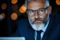 Mature businessman with gray beard and glasses working late, illuminated by screen light against dark background with bokeh effect. Professional portrait.