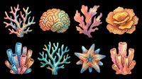 Colorful coral reef elements set isolated on transparent background, ready for ocean-themed T-shirts, stickers, clipart, sublimation, and print on demand designs.