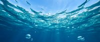Underwater ocean scene with sunlight rays penetrating blue water surface creating rippling light patterns and air bubbles floating in deep sea environment.