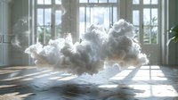 Ethereal cloud formation floating indoors near sunlit windows, casting dramatic shadows on wooden floor, creating surreal atmospheric interior scene with natural light.