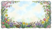 Watercolor spring floral frame with tulips, daffodils, crocuses, birds, and nest on soft sky background, perfect for greeting cards.