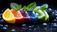 Rainbow colored citrus and fruit slices with mint leaves arranged in vibrant spectrum on dark background with scattered blueberries and water drops.