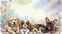 Adorable puppies of different breeds sitting together in watercolor floral frame with soft pastel colors for pet lover designs and nursery decor.