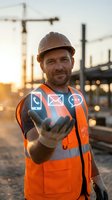 Male construction worker wearing safety helmet and orange reflective vest gestures toward camera at sunset on active job site with cranes and steel framework visible in background.